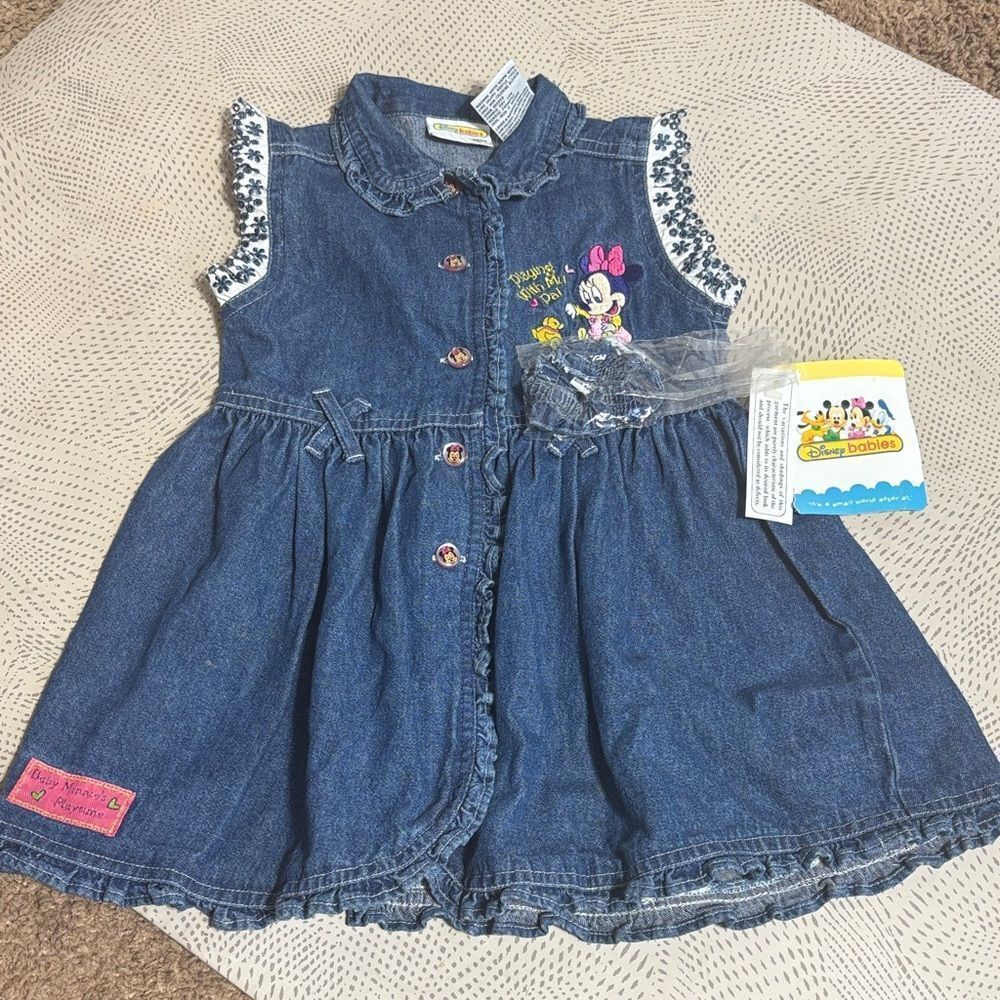 Disney babies vintage y2k girls Minnie Mouse denim dress new 24mos eyelet lace